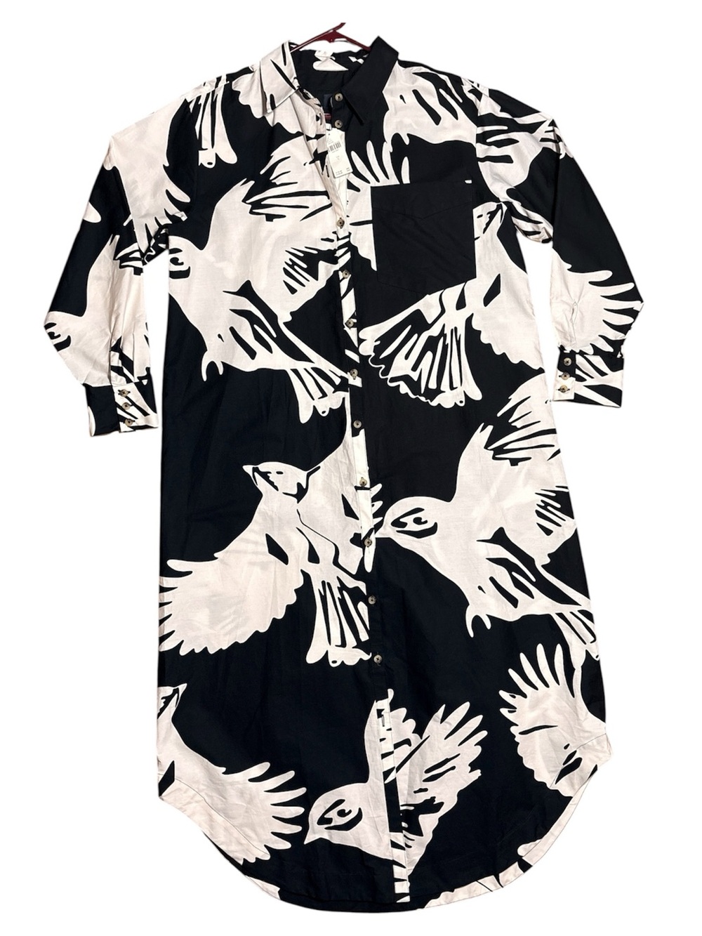 Maeve By Anthro Soren Bird Print Cotton L/S Shirt Dress NWT Off White/Black Sz L